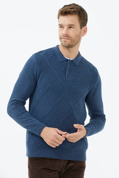 Polo Yaka Düğmeli Triko Kazak - Indigo ürün görseli 1