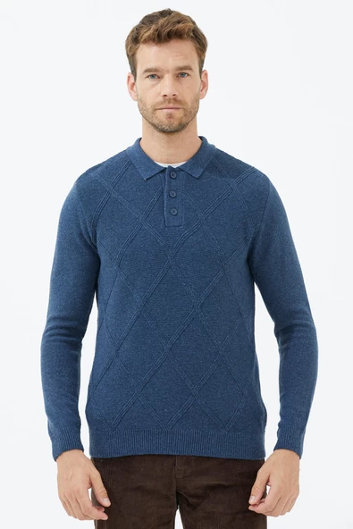 Polo Yaka Düğmeli Triko Kazak - Indigo - Resim 2