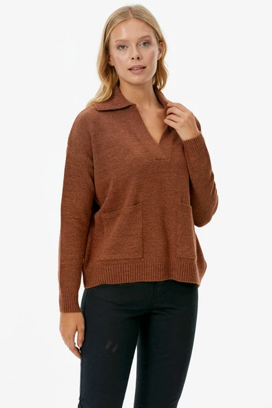 Polo Yaka Cepli Triko Kazak - Taba - Resim 3