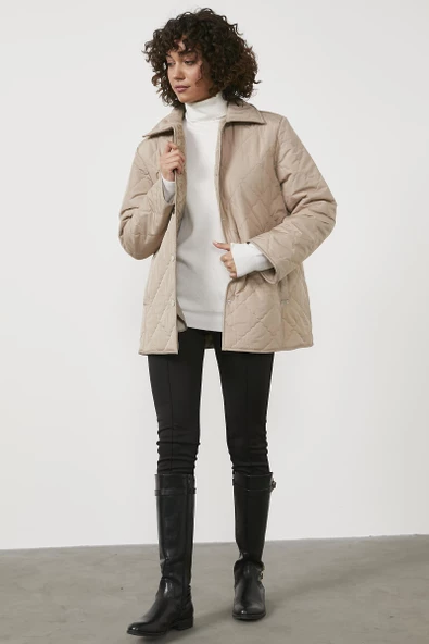 Kapitone Rahat Kalıp İçi Peluş Mont - Bej - Resim 2