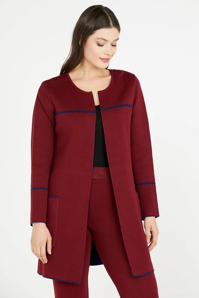 Uzun Triko Ceket - Bordo - Lacivert - Resim 3
