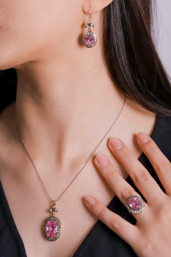 Gümüş Pembe Kuars Taşlı Üçlü Otantik Bayan Set Takı ürün görseli 1