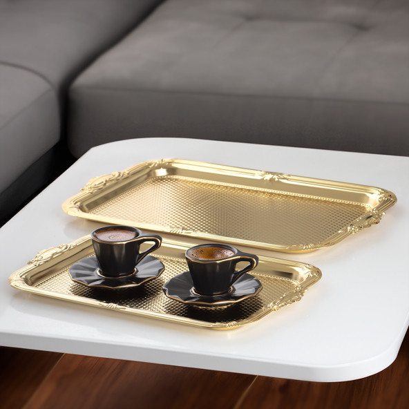 Porsima 3332 Paslanmaz Çelik Tepsi Gold -Çay Kahve İkram Sunum Servis Tepsi Seti- 2'li Dikdörtgen ürün görseli 1
