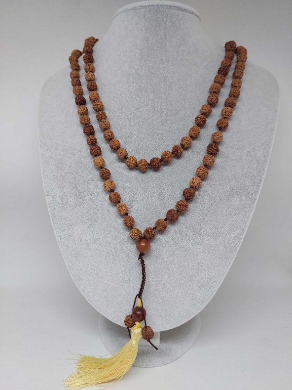 Rudraksha Tohumlu Sarı Püsküllü 108lik Ara Düğümlü El Yapımı Mala Kolye ürün görseli 1