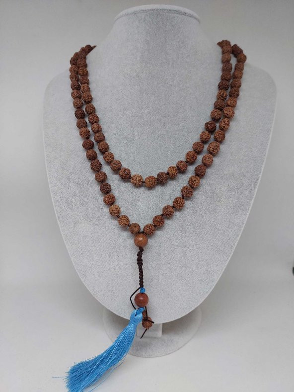 Rudraksha Tohumlu Mavi Püsküllü 108lik Ara Düğümlü El Yapımı Mala Kolye ürün görseli 1
