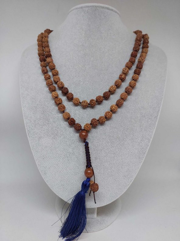 Rudraksha Tohumlu Lacivert Püsküllü 108lik Ara Düğümlü El Yapımı Mala Kolye ürün görseli 1