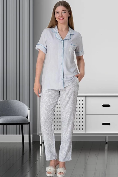 Mecit 5144 Bayan Mavi Boydan Düğmeli Kısa Kollu Pijama Takımı ürün görseli 1