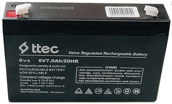 Ttec 6V 7AH 20HR Bakımsız Kuru Akü (09/2024 Üretimi) ürün görseli 1