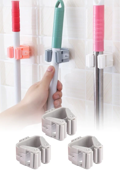 3'lü Yapışkanlı Mop Askısı Süpürge Paspas Tutucu Duvar Organizer Askı Seti ürün görseli 1