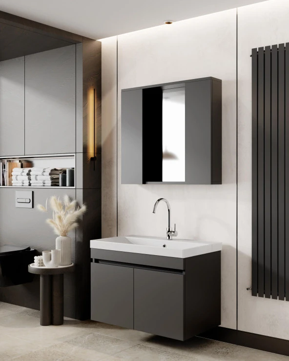 Karen Banyo Tuana Banyo Dolabı Seti 80 Cm, Mat Antrasit, Lavabo Dahil,Lavabolu... ürün görseli 1