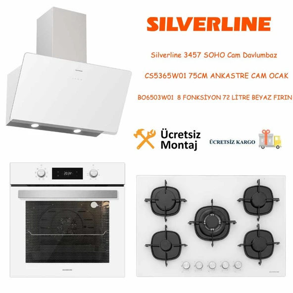 Silverline BO6504W01 - CS5365W01 - 3457 Soho 60 Beyaz Cam Ankastre Set ürün görseli 1
