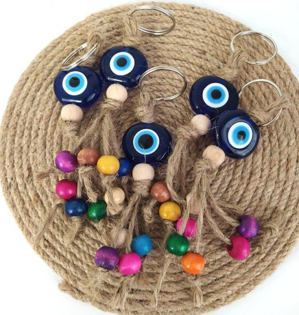 Nazar Boncuk Anahtarlık 5 Adet Kötü Göz Kovucu Nazar Hand Made Hasır Renkli Ahşap Boncuklu Nazarlı Anahtarlık ürün görseli 1