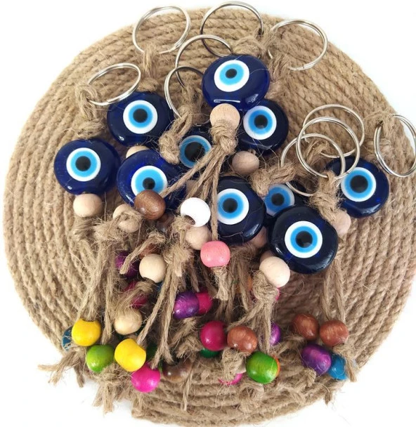 Nazar Boncuk Anahtarlık 10 Adet Kötü Göz Kovucu Nazar Hand Made Hasır Renkli Ahşap Boncuklu Nazarlı Anahtarlık ürün görseli 1