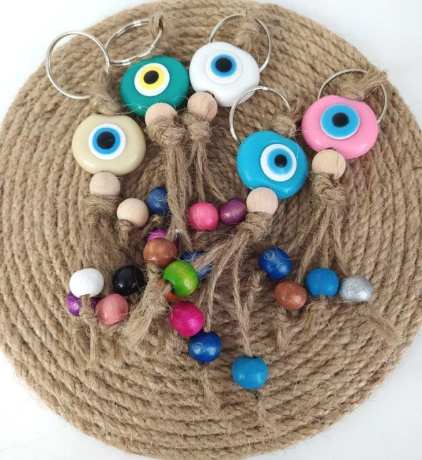 Nazar Boncuk Anahtarlık 5 Adet Karışık Renkli Kötü Göz Kovucu Nazar Hand Made Hasır Renkli Ahşap Boncuklu Nazarlı Anahta ürün görseli 1