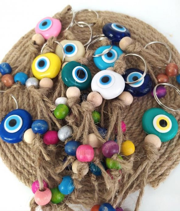 Nazar Boncuk Anahtarlık 10 Adet Karışık Renkli Kötü Göz Kovucu Nazar Hand Made Hasır Renkli Ahşap Boncuklu Nazarlı ürün görseli 1