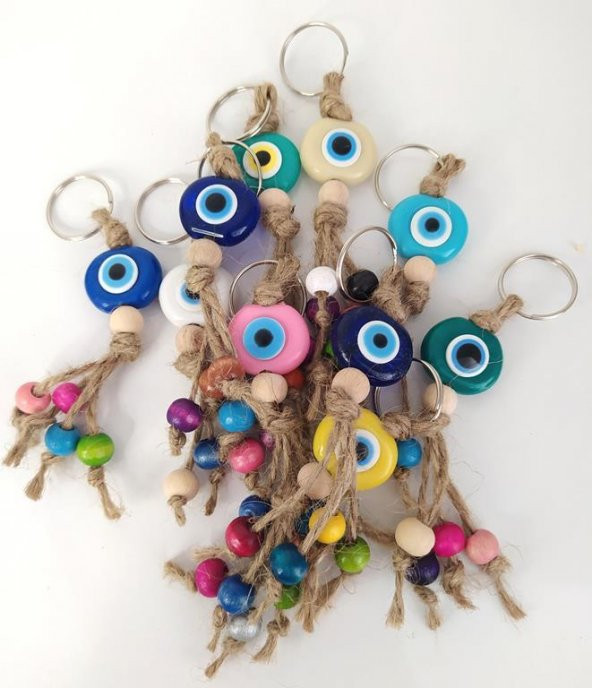 Nazar Boncuk Anahtarlık 20 Adet Karışık Renkli Kötü Göz Kovucu Nazar Hand Made Hasır Renkli Ahşap Boncuklu Nazarlı ürün görseli 1