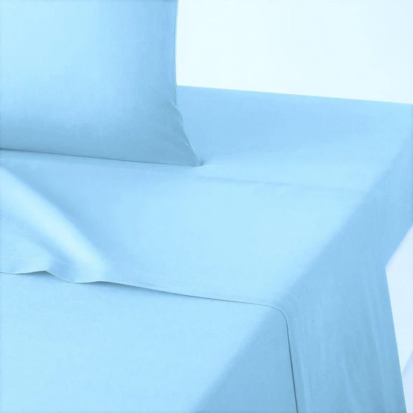 Makiteks %100 Pamuklu Açık Mavi 160x200 + 2*(50x70) Çift Kişilik Lastikli Çarşaf ve Yastık Kılıfı ürün görseli 1