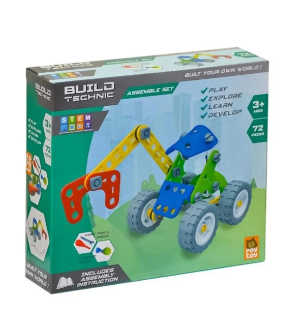 Build Technic Set, 72 Parça Tak-Sök Makaslı Vinç Block Yapı Seti - Resim 3