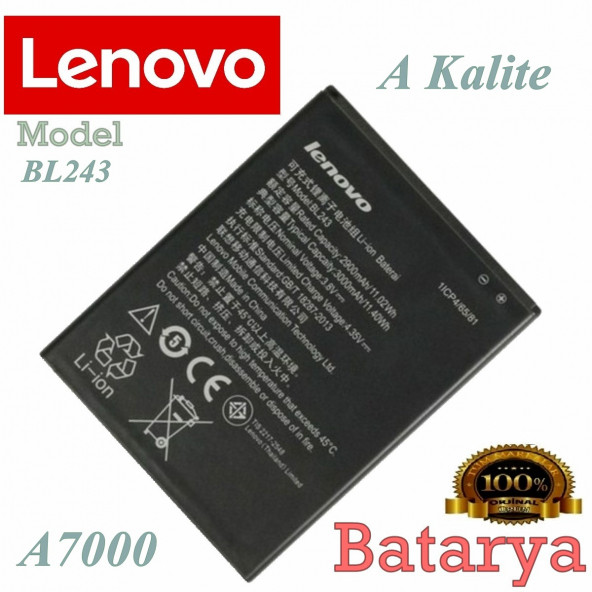 Lenovo A7000 Batarya BL243 Uyumlu Yedek  Batarya ürün görseli 1