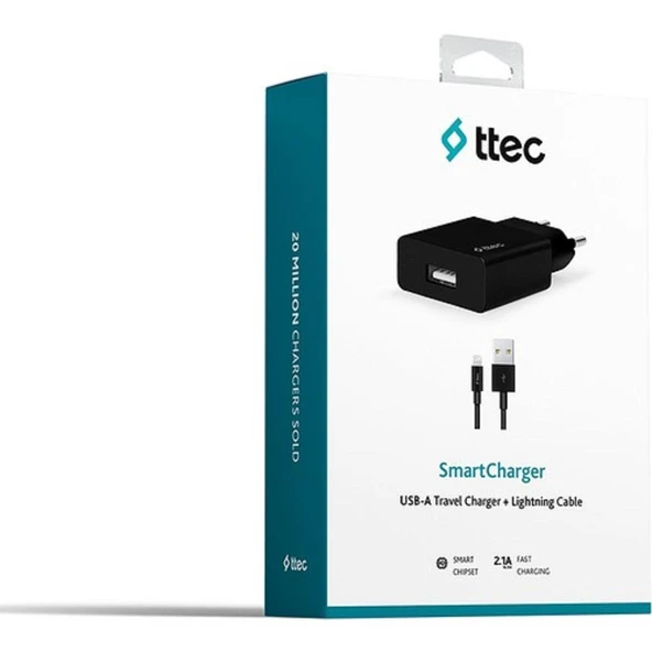 Ttec Smartcharger Seyahat Şarj Aleti 2.1A + Lightning Kablo Siyah - 2SCS20LS ürün görseli 1