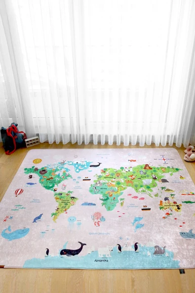 Dünya Haritası Oyun Matı 150x150 cm Bebek Çocuk Halısı Pembe Yenidoğan Yumuşak Aktivite Etkinlik Örtüsü ürün görseli 1