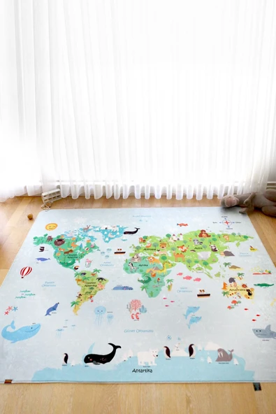 Dünya Haritası Oyun Matı 160x200 cm Bebek Çocuk Halısı Mavi Yenidoğan Yumuşak Aktivite Etkinlik Örtüsü ürün görseli 1