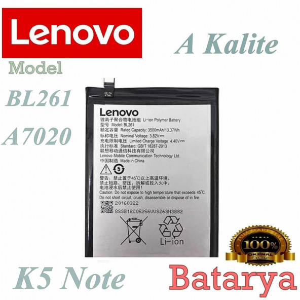 Lenovo K5 Note Batarya Lenovo Vibe K5 Note Batarya A7020 BL261 Uyumlu Yedek Batarya ürün görseli 1