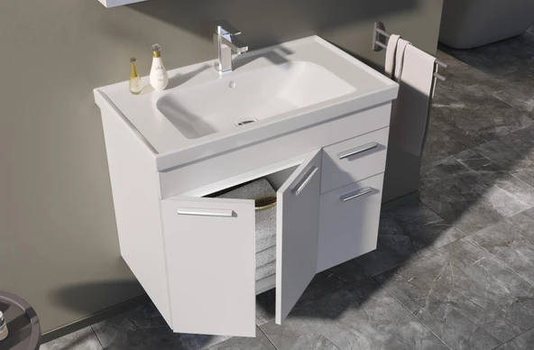 Orka Enez 80 cm Beyaz Banyo Dolabı Alt Modül ve Lavabo ürün görseli 1