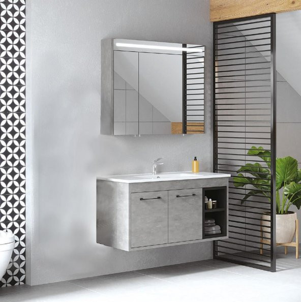 Denko Latte 100 cm MDF Retro Gümüş Banyo Dolabı Takımı ürün görseli 1