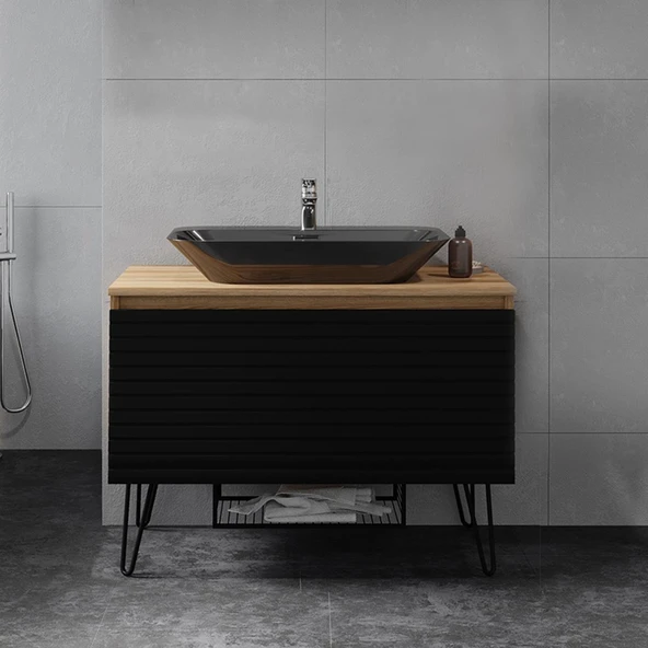 Denko Taylan 100 cm MDF Siyah Banyo Dolabı Alt Modül ve Lavabo ürün görseli 1
