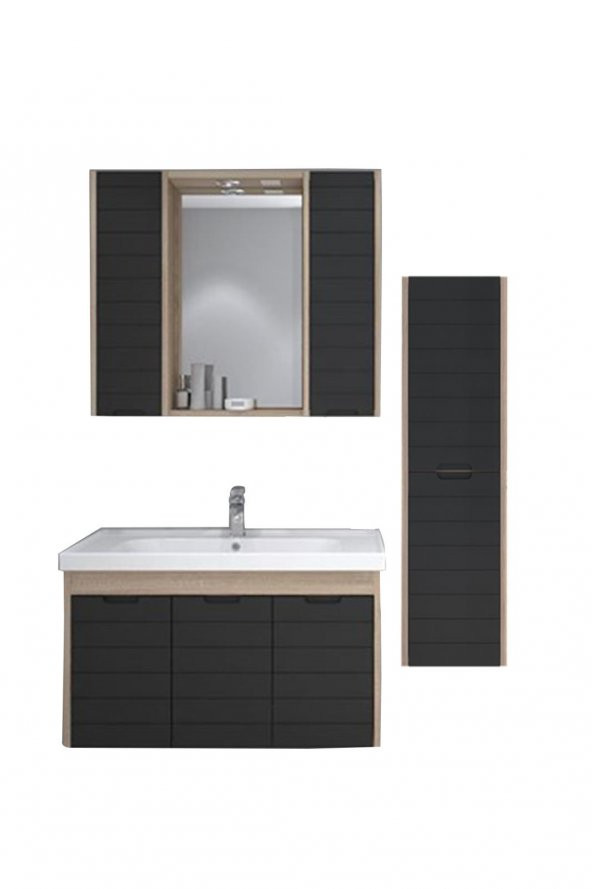 Denko Mostar 90 cm Banyo Dolabı Takımı ve Boy Dolabı-SİYAH ürün görseli 1
