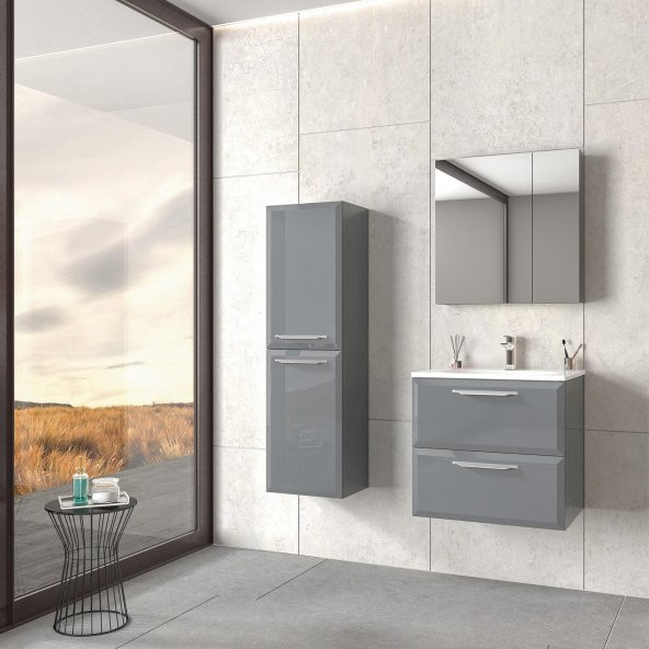 Orka Nuvola 65 cm Parlak Gri Banyo Dolabı Takımı ve Boy Dolabı ürün görseli 1