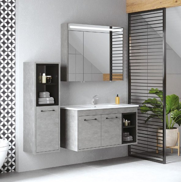 Denko Latte 100 cm MDF Retro Gümüş Banyo Dolabı Takımı ve Boy Dolabı ürün görseli 1