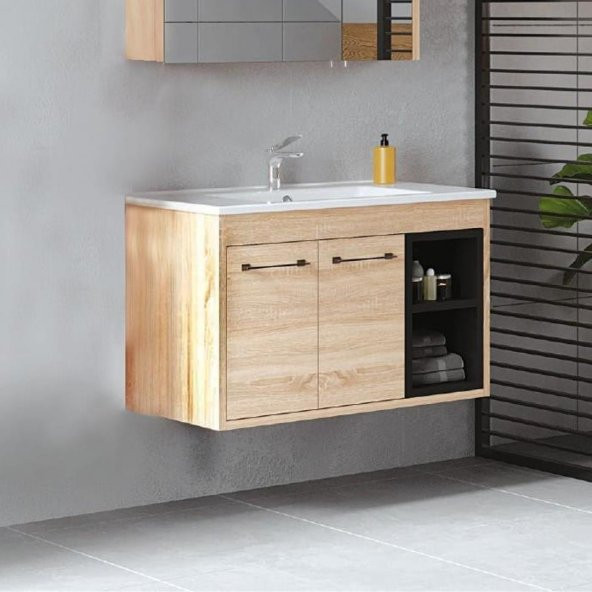 Denko Latte 85 cm MDF Sonoma Banyo Dolabı Alt Modül ve Lavabo ürün görseli 1
