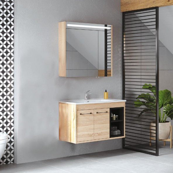 Denko Latte 85 cm MDF Sonoma Banyo Dolabı Takımı ürün görseli 1