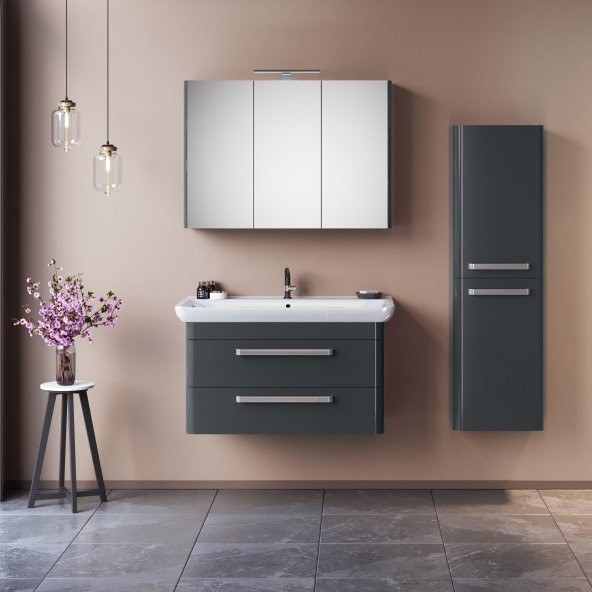 Orka Rose 100 cm MDF Parlak Gri Banyo Dolabı Takımı ve Boy Dolabı ürün görseli 1