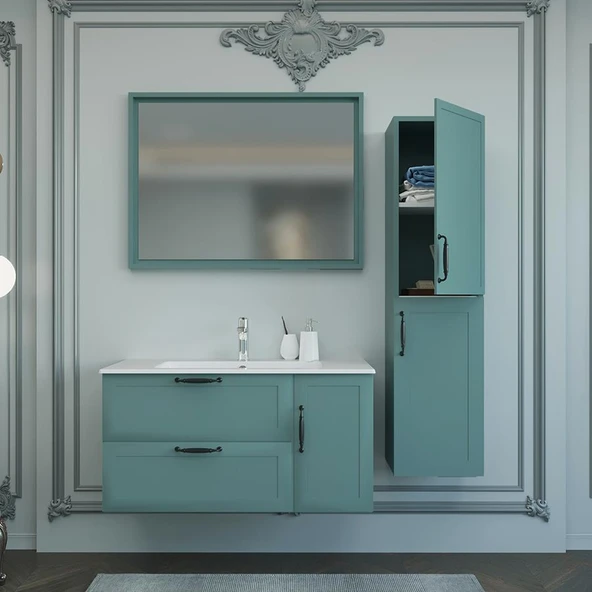 Denko Beyoğlu 100 cm MDF Mat Yeşil Banyo Dolabı Takımı, Boy Dolap ürün görseli 1