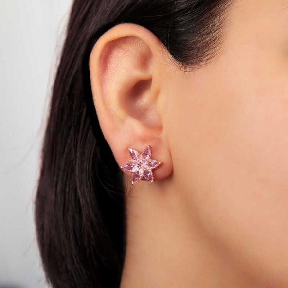 Gümüş Rose Pembe Lotus Çiçeği Çivili Kadın Küpe ürün görseli 1