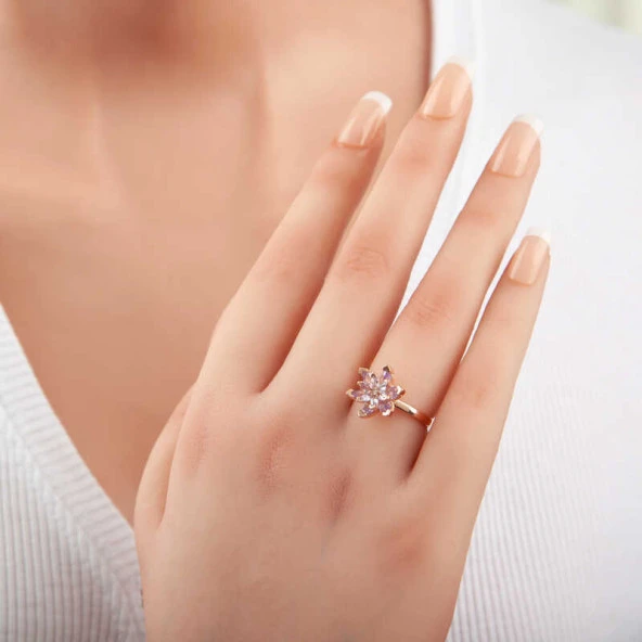 Gümüş Rose Lila Taşlı Lotus Çiçeği Kadın Yüzük ürün görseli 1