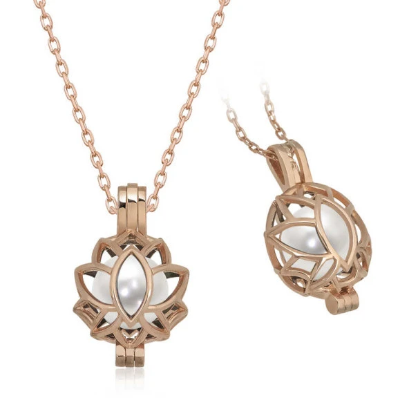 Gümüş Rose Beyaz İnci Kafesli Lotus Kadın Kolye ürün görseli 1