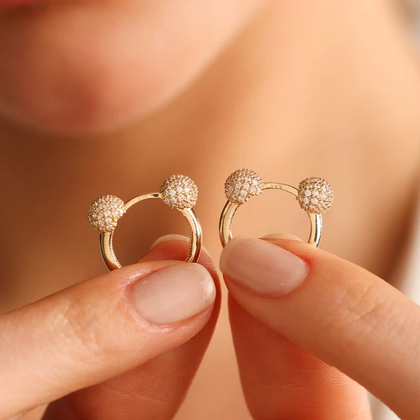 Altın Halka Küpe Taşlı Top Detay 1.3 cm ürün görseli 1