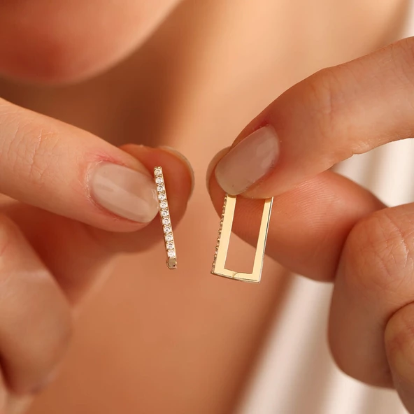 Dikdörtgen Taşlı Altın Halka Küpe 1.5 cm Mini ürün görseli 1