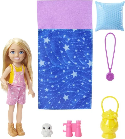 Barbie Chelseanin Kamp Macerası Oyun Seti HDF77 (15 cm, Sarışın Bebek), Hayvan Arkadaşı Baykuş, Uyku Tulumu, Dürbün ve Kamp Aksesuarları, 3-7 Yaş Arası ürün görseli 1
