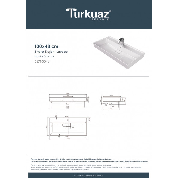 Cerastyle Turkuaz Sharp Etajerli Lavabo 100x48 Cm - Resim 6