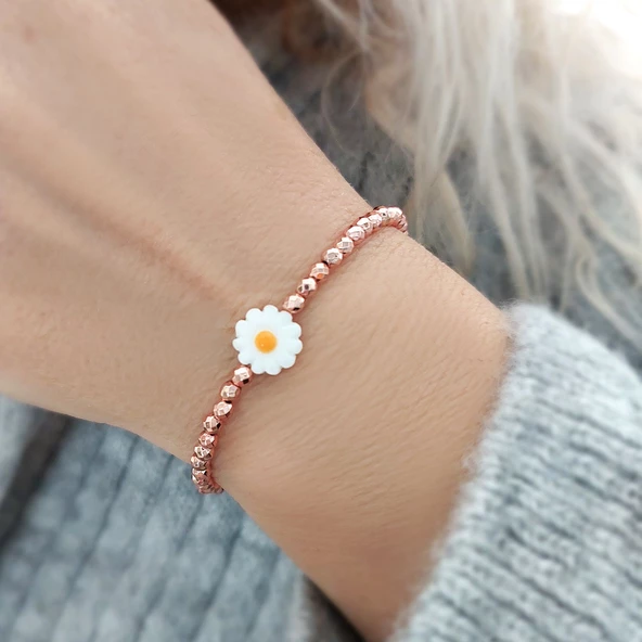Vaoov 925 Ayar Gümüş Hematit Taşlı Rose Papatya Bileklik ürün görseli 1