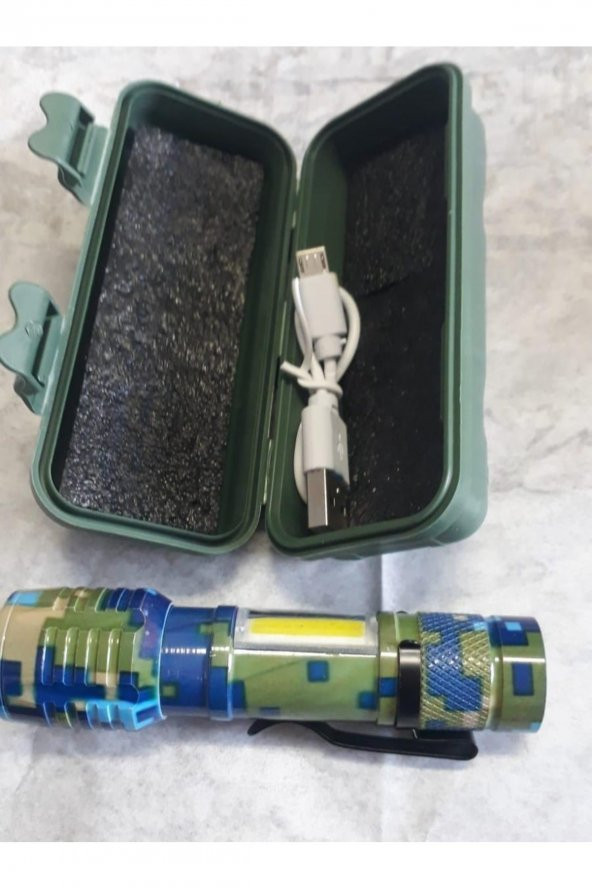 Güçlü Led Usb Şarjlı Mini El Feneri 2 Mod Yan Led Çakarlı Deprem Feneri Kamp Fener Kamuflaj Desenli ürün görseli 1