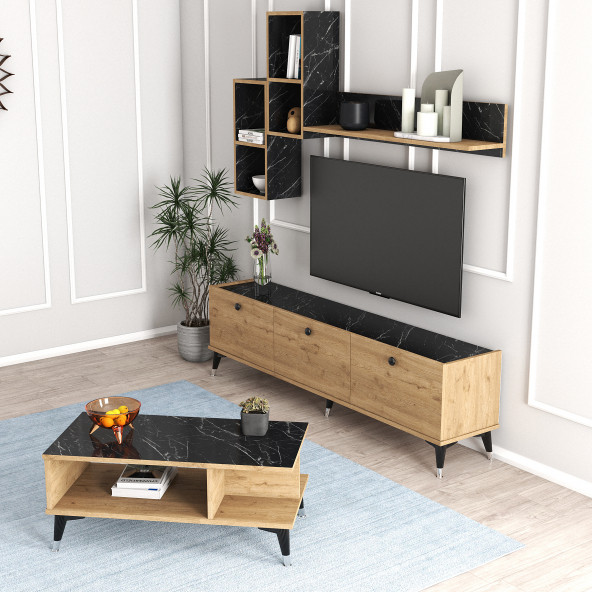 Moxen Mobilya Mts2 Mira Duvar Raflı Tv Sehpası Kitaplıklı Tv Ünitesi ve Orta Sehpa ürün görseli 1