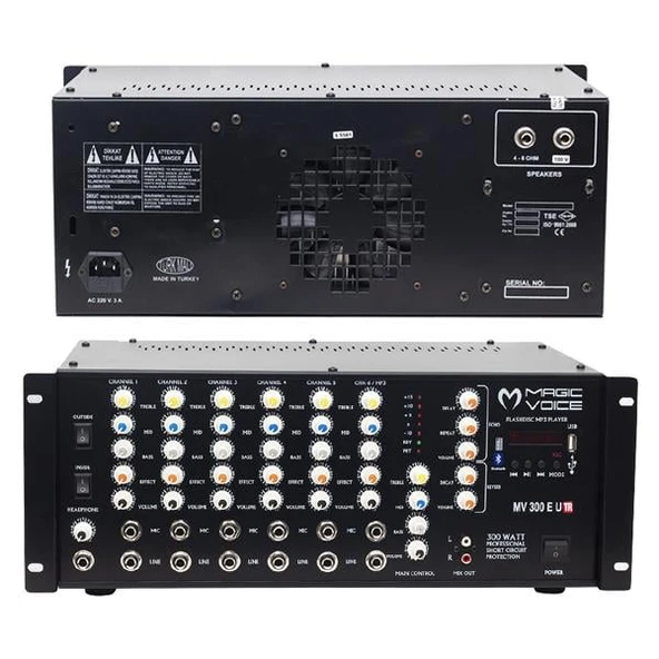 MagicVoice MV-300EF-TR 300 Watt 6 Mikrofon Girişli USB-Bluetooth Destekli Trafolu Mixer Anfi ürün görseli 1