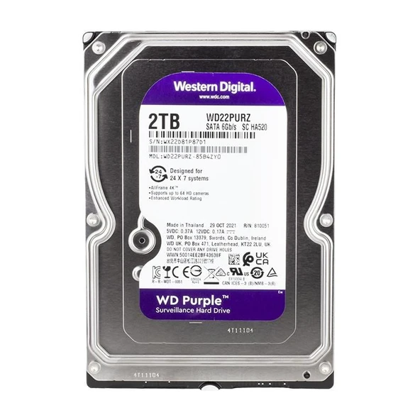 Western Digital Purple WD22PURZ 2 TB Sata 6GB-S 7-24 Güvenlik Harddisk Pc Bilgisayar Dvr Kamera Hard Diski ürün görseli 1