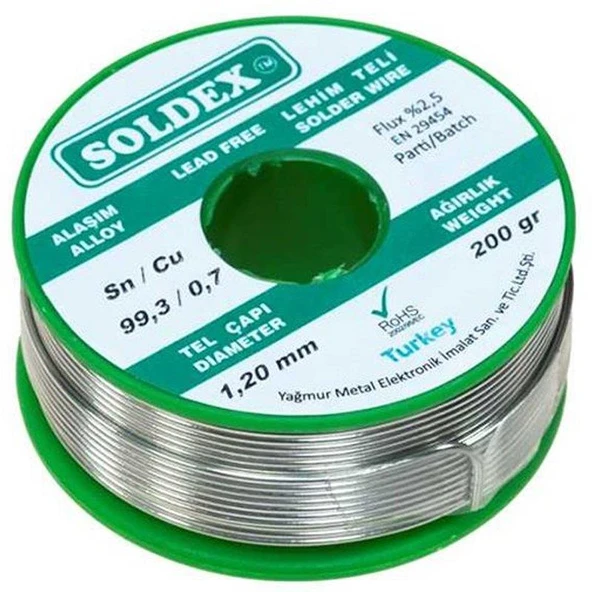 SOLDEX KURŞUNSUZ 1.2MM 200 GRAM LEHİM TELİ SN99.3/CU 0.7 ürün görseli 1